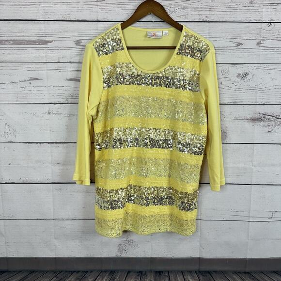 Quacker Factory Top Shirt Womens Large Yellow Sequin Stripe Basic Shiny Glam - Picture 1 of 13